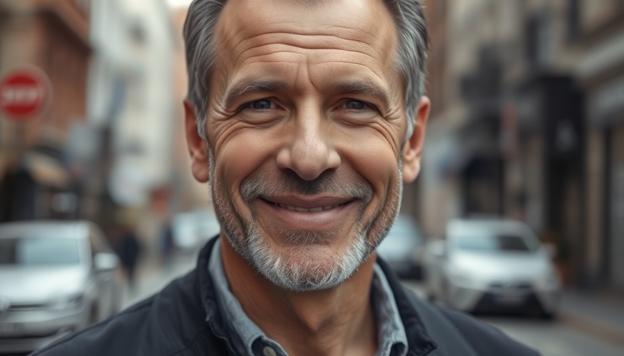 Middle-aged man smiling gently in a monochrome close-up portrait.