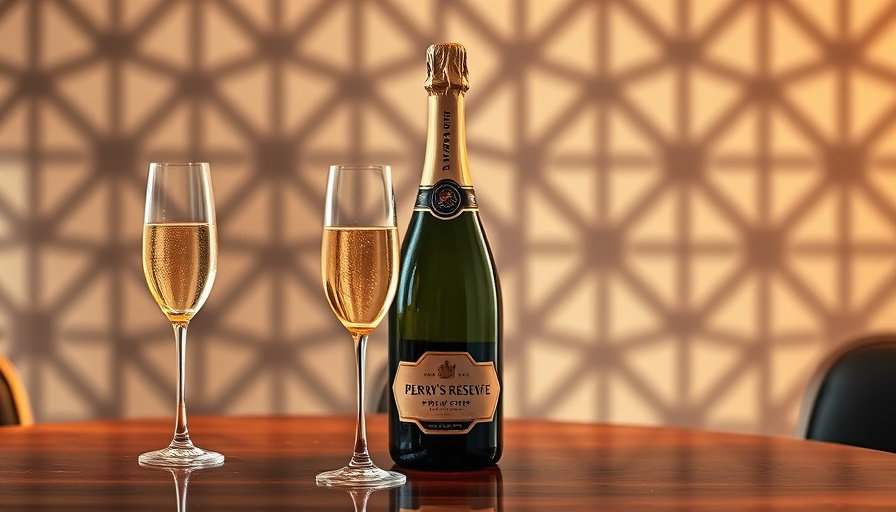 Perry’s Reserve Premier Cru Champagne with two flutes on a wooden table.