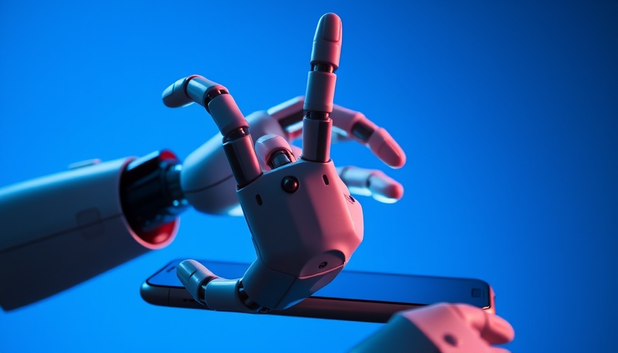 Futuristic robotic hand emerging from a phone, symbolizing AI in business customer engagement.
