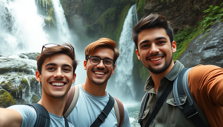 Joyful young men at waterfall, embracing adventure.