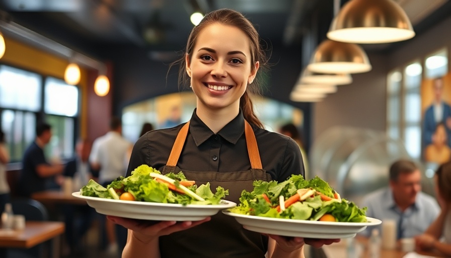 Smiling waitress with salads in a busy restaurant setting, depicting restaurant industry news.