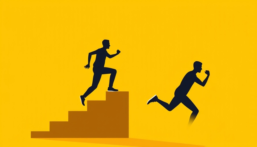 Illustration of progress and competition with figures on a yellow background.
