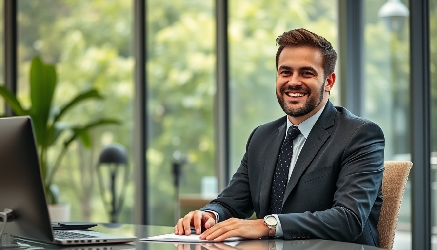 Male executive smiling at a modern office desk.