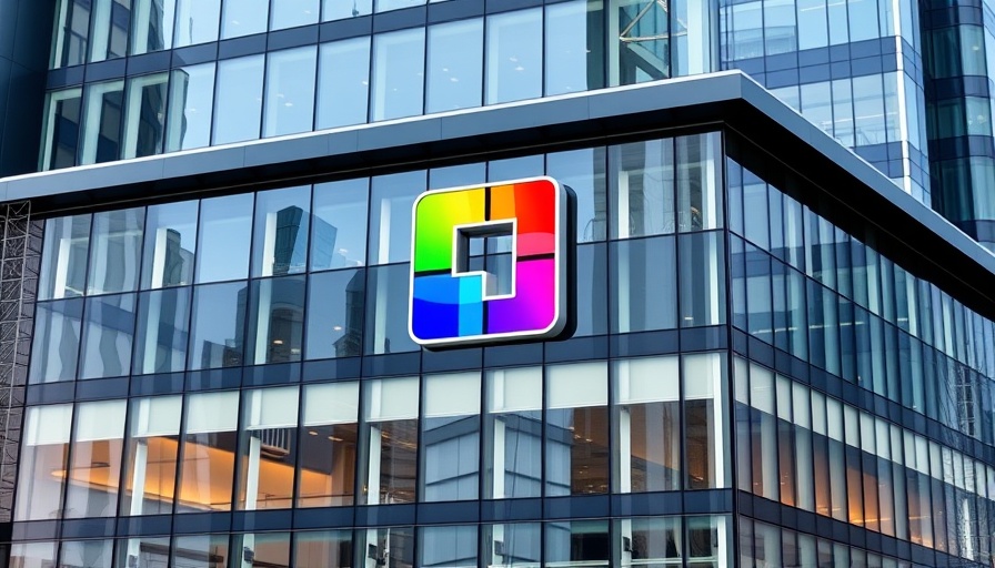 AI in business logo on modern building reflecting urban setting.
