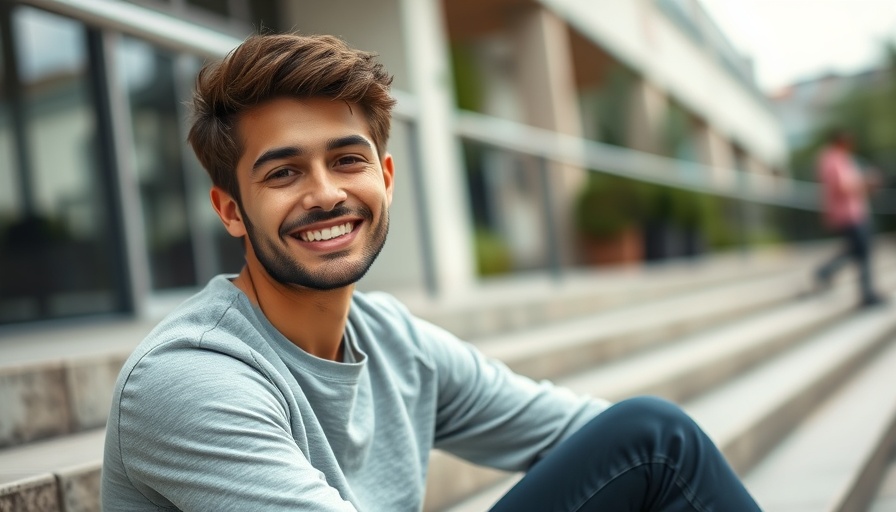 Confident young man in white shirt smiling on steps.