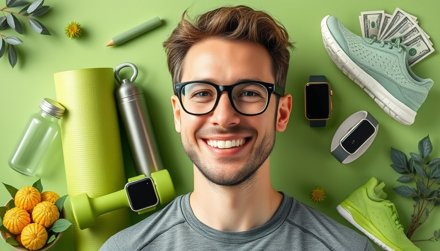 Investment in wellness for businesses; montage of wellness objects and smiling man.
