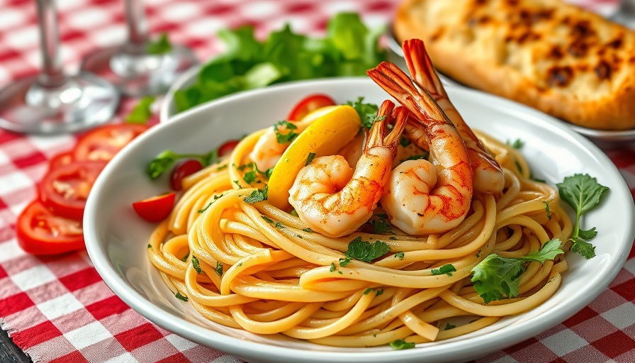 Shrimp pasta and salads in a restaurant promotion.