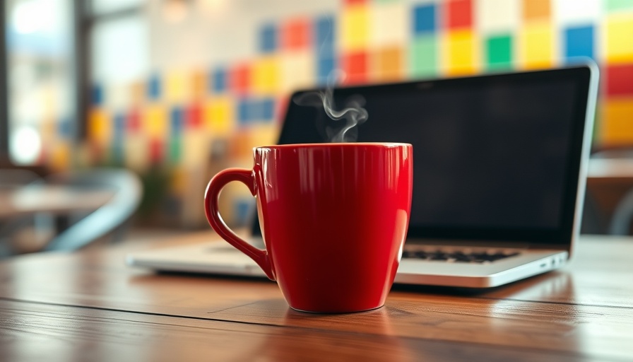 Steaming red coffee cup in front of a laptop screen.