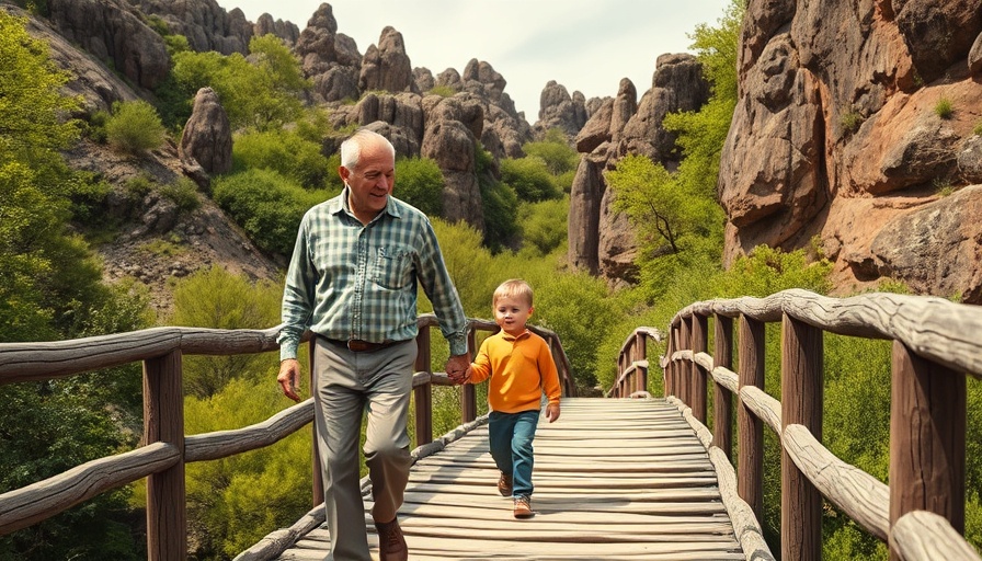 Elderly man and child walking on a bridge in nature.