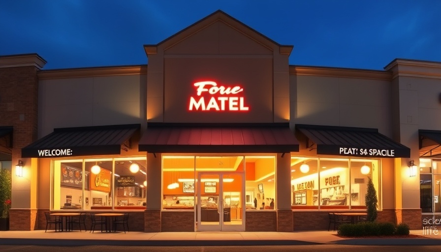 Modern restaurant facade in suburban shopping area at dusk, restaurant industry news.