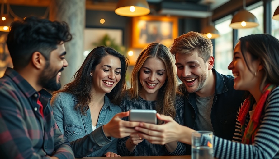 Group enjoying restaurant news on phone.