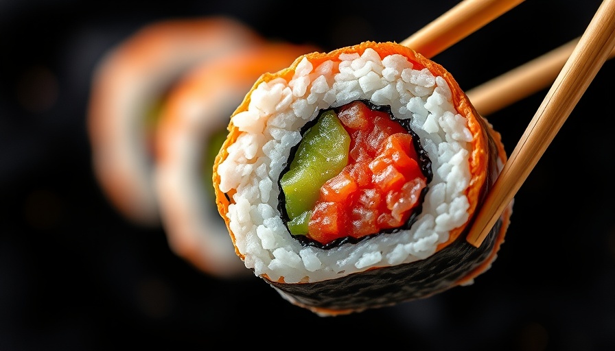 Gourmet sushi roll with diverse fillings in restaurant industry news.