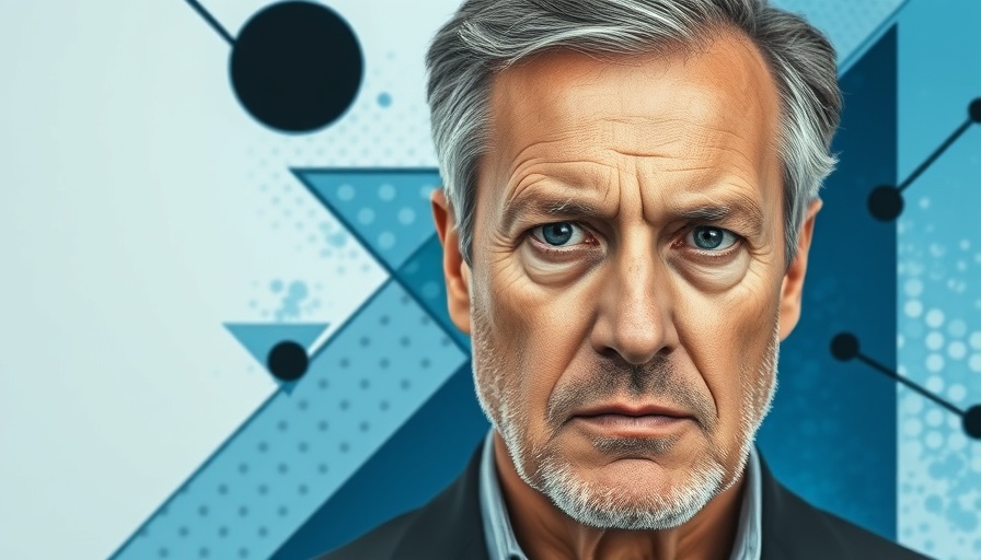Stylized image of a man amidst abstract blue geometric design.