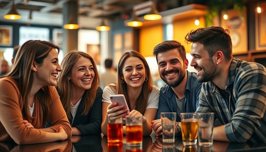 Friends laughing and looking at a phone in a cafe, capturing a social moment.
