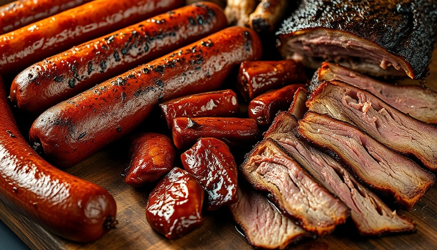 Texas-style barbecue with meats and sausages on wooden table in Post Falls.