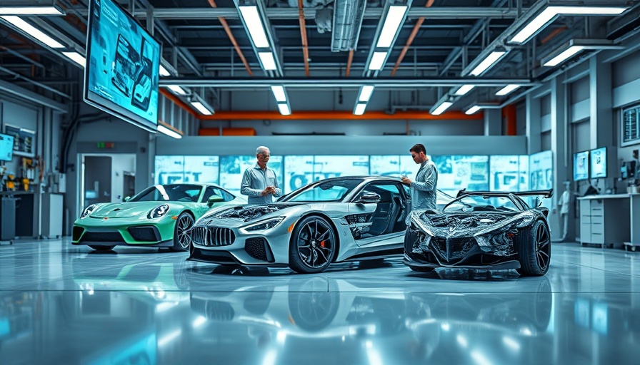 Futuristic car prototypes in high-tech workshop, automotive product development trends.