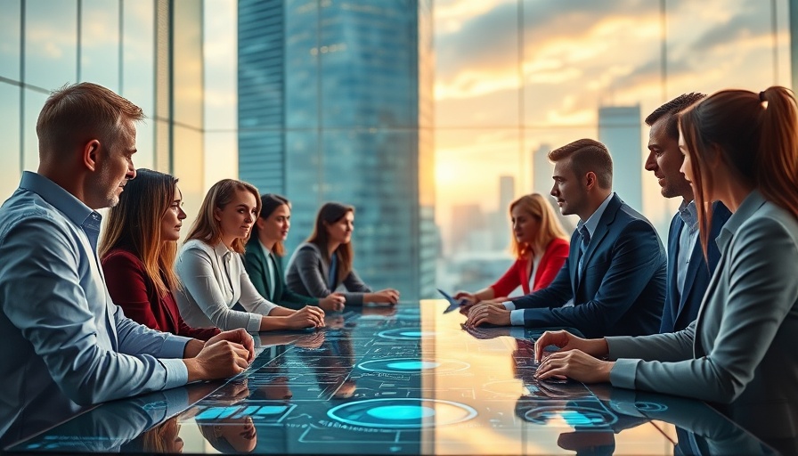 Futuristic business meeting with holographic tech.