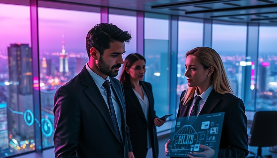 Futuristic business meeting with holographic displays in modern office.
