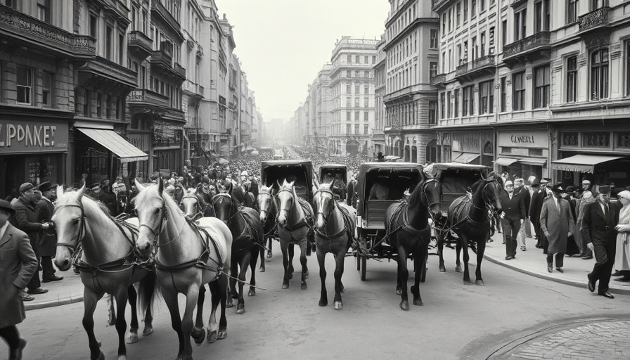 Historic street scene reflecting past commerce, horses and carriages.