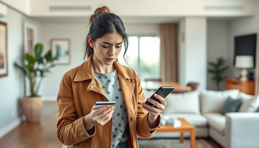 Young woman preventing restaurant scams with a credit card and smartphone.