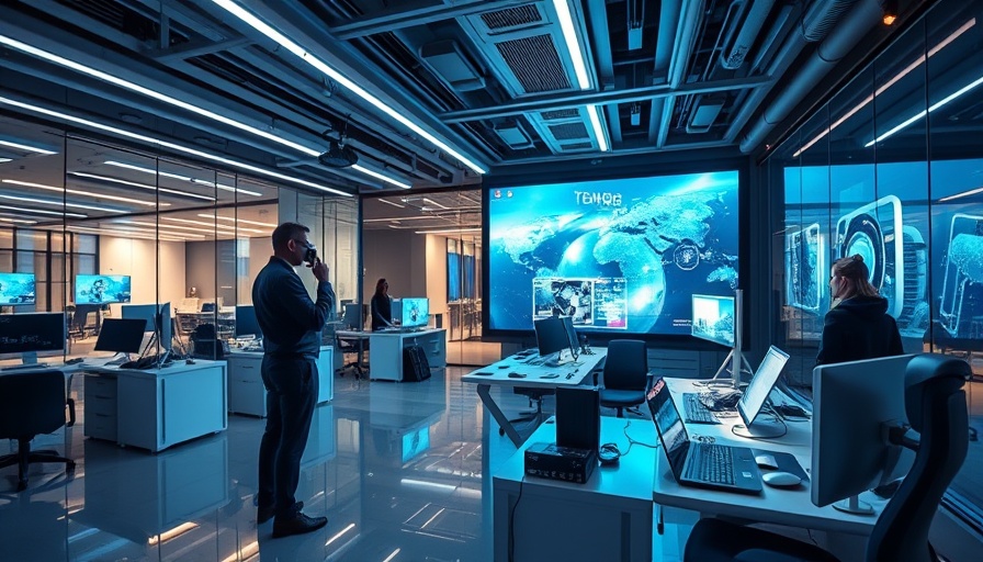 Futuristic smart office with technology displays representing the future of business.