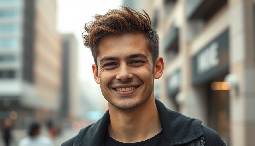 Confident young man smiling in black attire, blurred urban background, future of business.