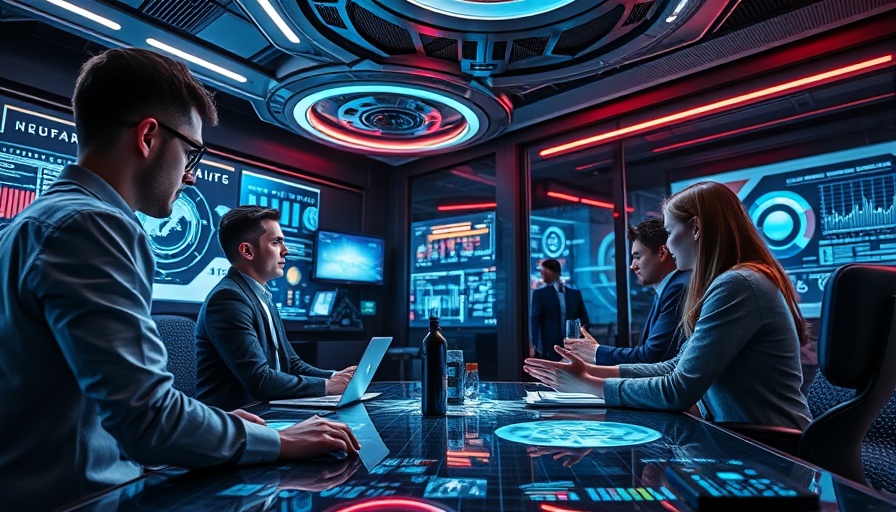 Futuristic business office, strategic discussions, vibrant lighting