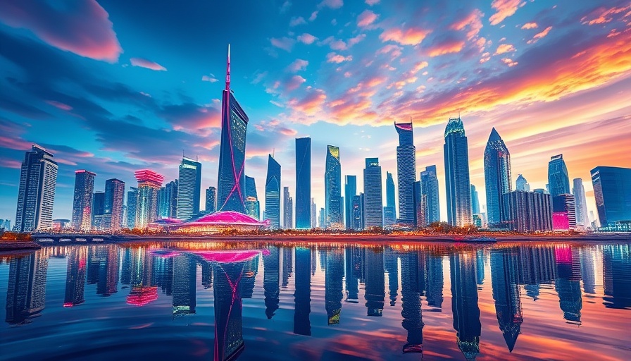 Futuristic city skyline reflecting in a river, vibrant digital art.