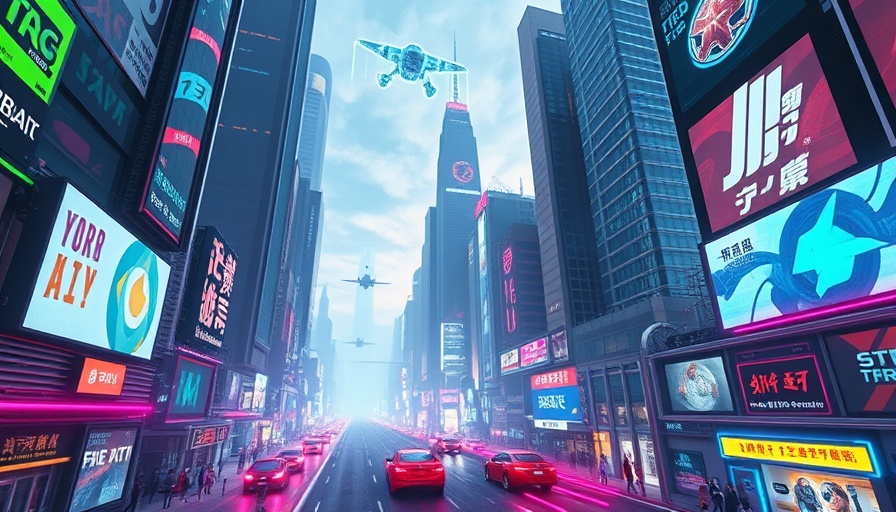 Futuristic city with flying cars and neon lights