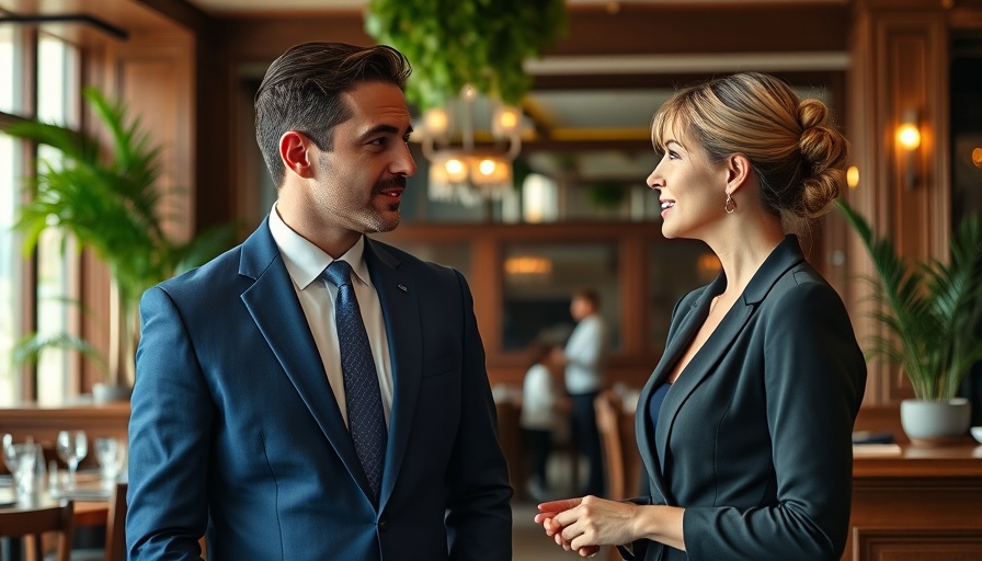 Professional discussion in upscale restaurant, suited individuals, premium environment.