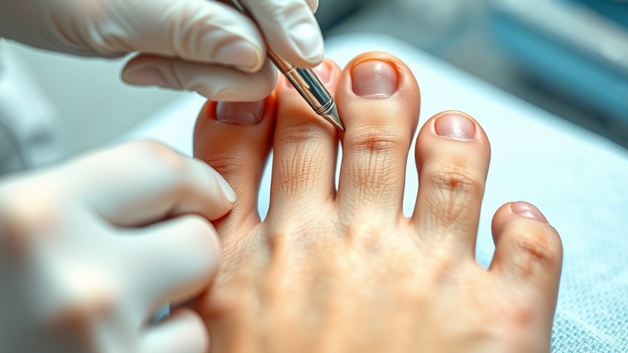 Close-up of laser fungus removal treatment for onychomycosis in a sterile setting.