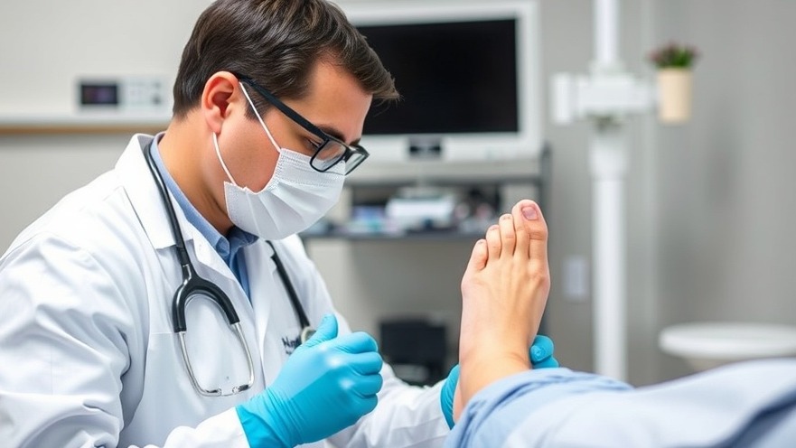 Doctor examining a patient's foot for toenail problems and bunion treatment.