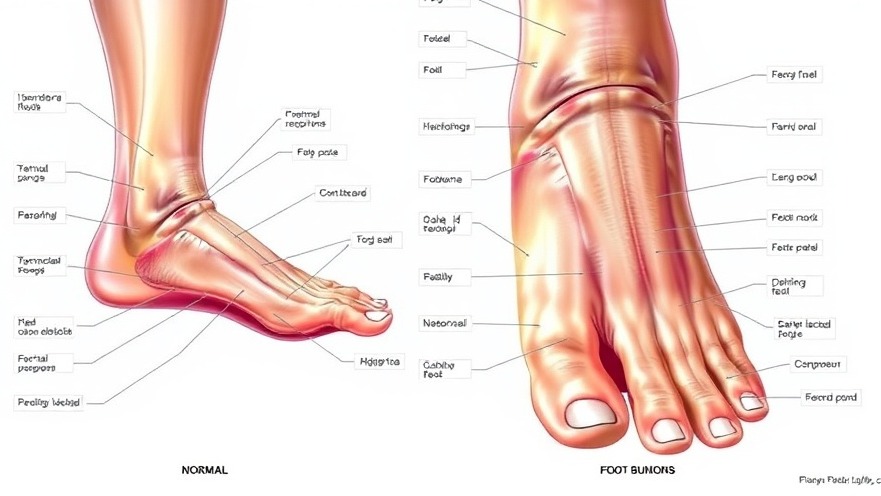 Anatomical illustration comparing normal foot and bunion foot, highlighting bunion prevention.