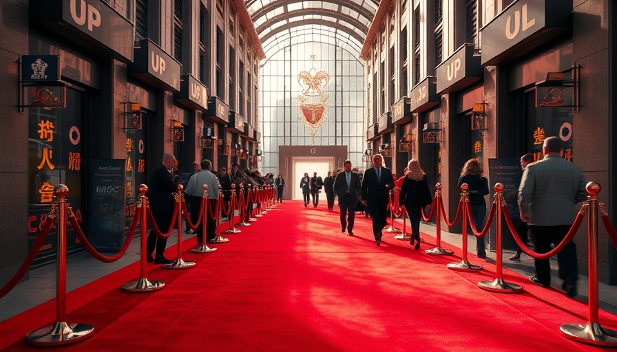 Elegant red carpet entrance with people walking, vibrant ambiance.