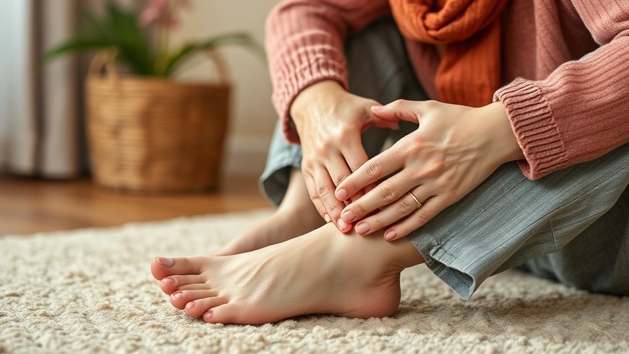 An older person massaging their feet for diabetic foot care and chronic pain management.