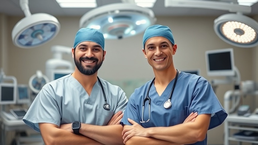 Two confident surgeons in scrubs in a bright operating room, showcasing surgical tools.