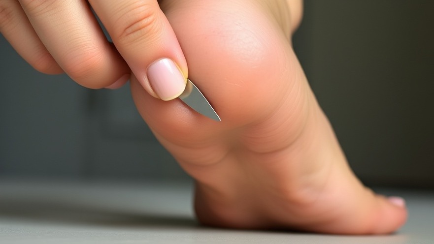 A close-up of a hand using a scraper on a foot for nail fungus, ideal for finding a fungus doctor near me.