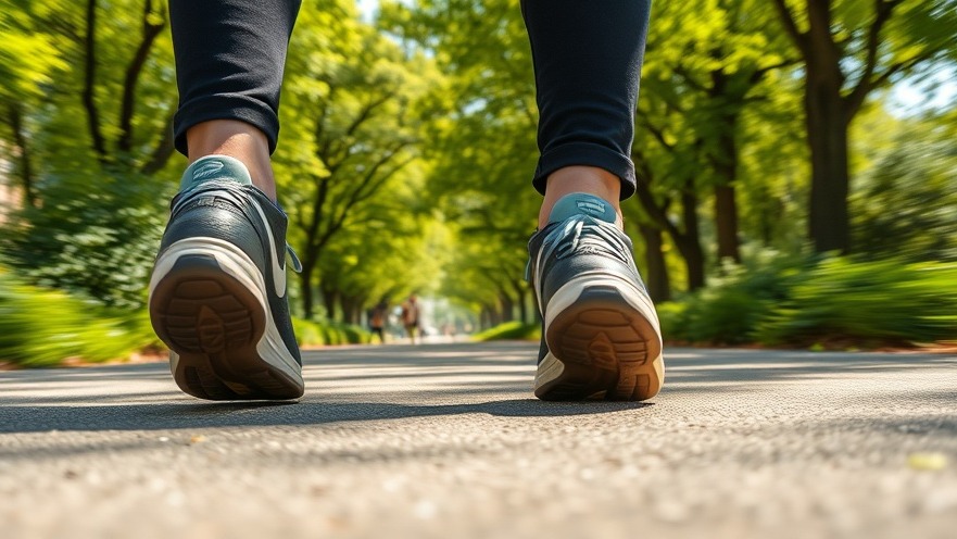 Comfortable walking shoes on a lush park path, highlighting benefits of fast walking for longevity.