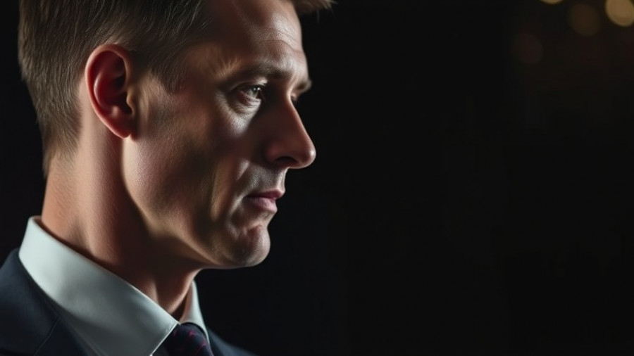 Pensive man in a suit looking forward against a dark background.