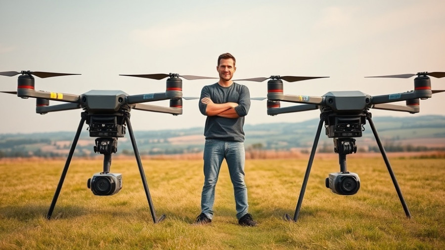 Person with wildfire fighting drones in a rural field.