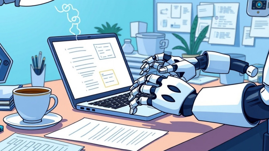 Artificial Superintelligence aid for small business with robot hands and laptop.