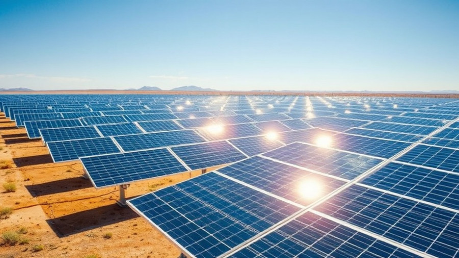 Expansive solar panel array in sunlight reflecting energy.