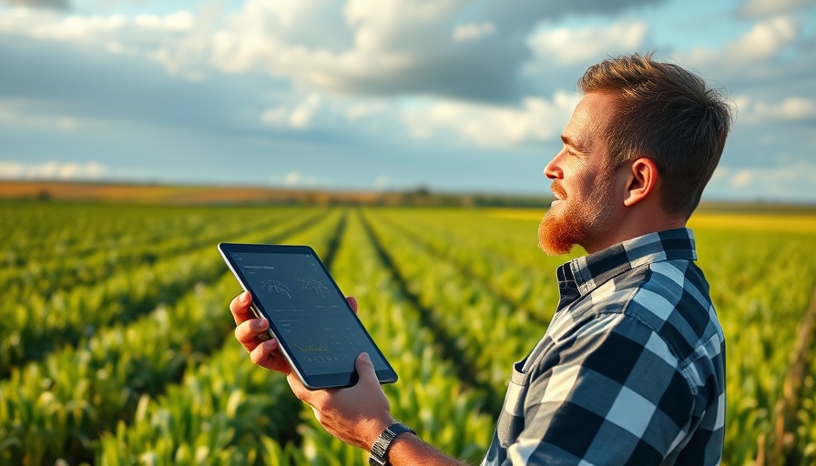 Farmer using AI weather forecasting in a field.
