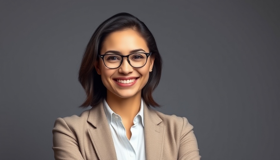 Professional woman smiling on gray background, nursing recruitment and retention strategies.