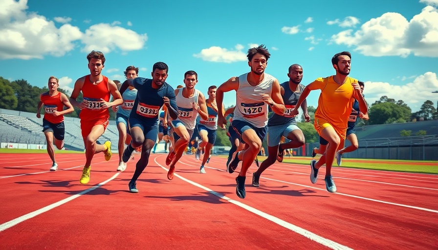 Colorful athletes racing forward, dynamic motion, AI agents concept