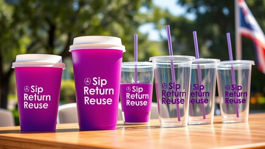 Colorful reusable cups promoting sustainability goals in Petaluma's eco-conscious project.