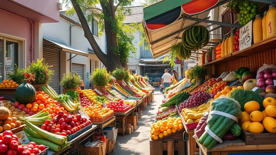 Vibrant outdoor market showcasing sustainable packaging in a sunny neighborhood.