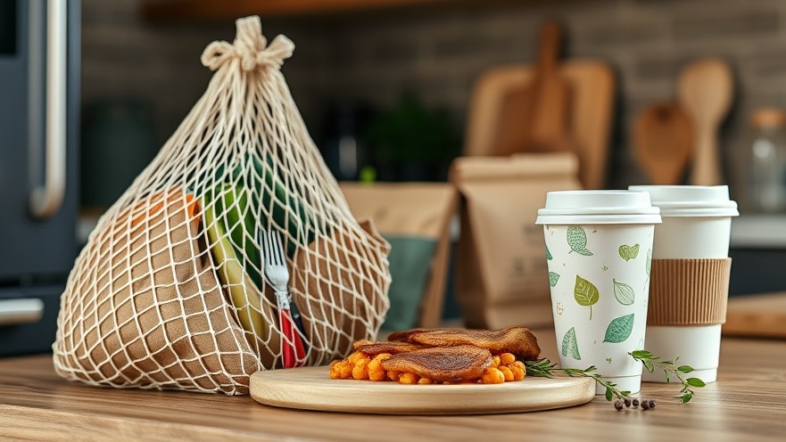 Sustainable home design: reusable net bag and eco-friendly utensils on a kitchen counter.