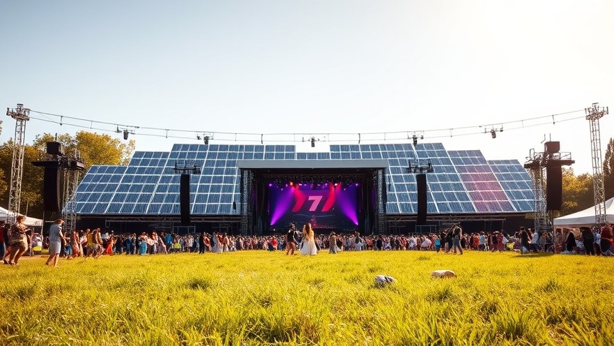 Outdoor concert with solar panels promoting off-grid solar and sustainability goals.
