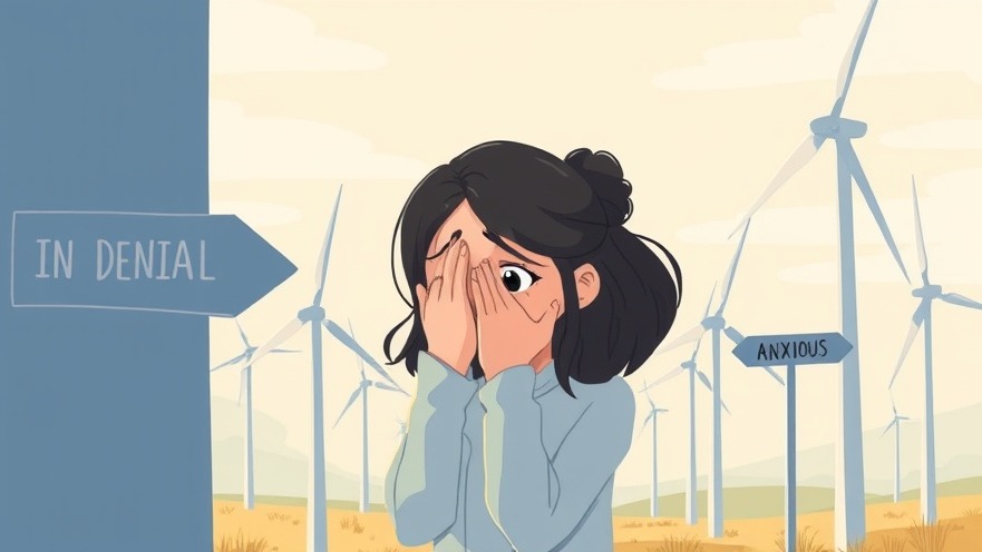 Abstract illustration depicting climate anxiety with a worried woman, wind turbines, and emotional signposts.